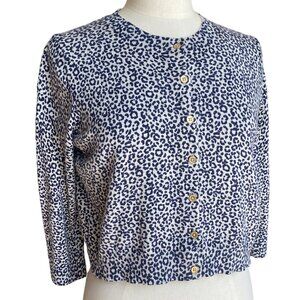 Boden Eldon Leopard Animal Print Cardigan Sz M French Navy Button Chic Mobwife-M